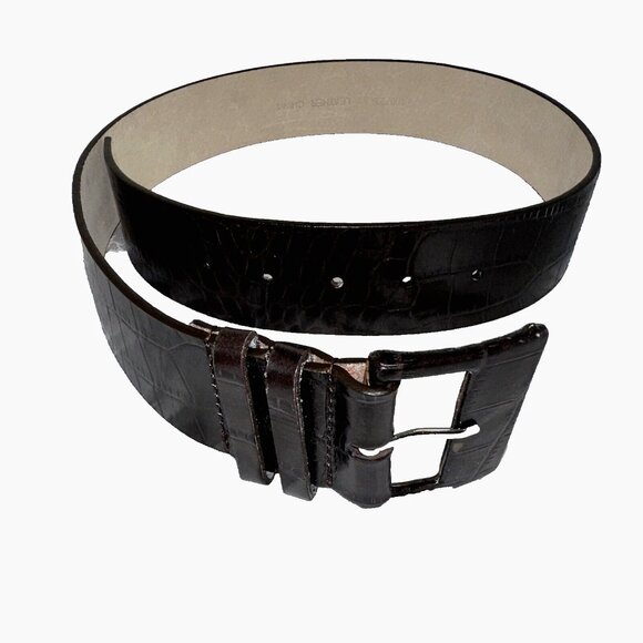 Vintage Faux Croc Leather Belt XS  Silvertone Buckle  Quiet Luxury Brown - Picture 3 of 5